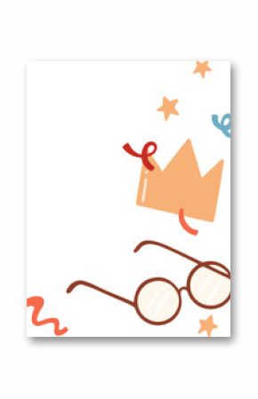 Clip-art showing peach crown, round glasses, stars, streamers floating on transparent background