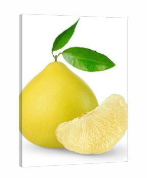 Isolated pomelo. One whole pomelo fruit with leaves and peeled segment isolated on white background