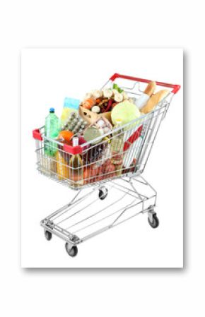 Shopping cart full with various groceries isolated on white