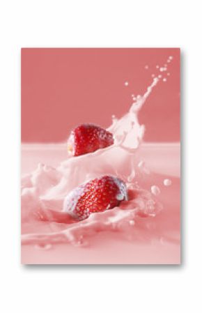 Delicious fresh strawberry falling into splashing milk