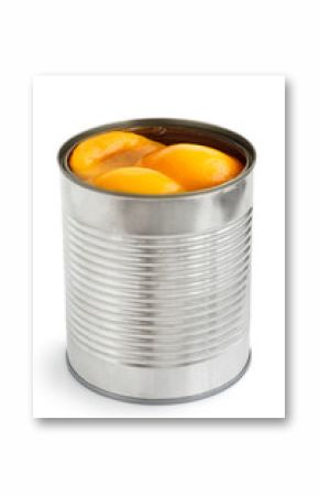 Open can of peach halves in syrup in perspective. Isolated on wh