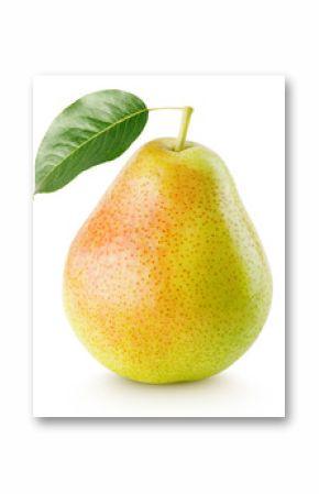 Red yellow pear fruit with green leaf isolated on white with clipping path