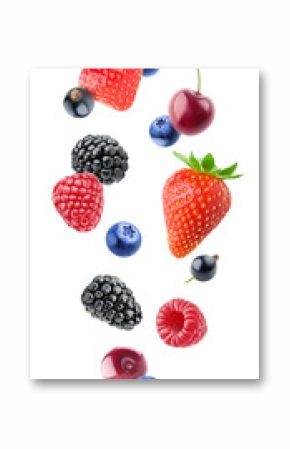 Isolated berries. Falling blueberry, blackberry, raspberry, strawberry, black currants and cherry fruits isolated on white background with clipping path