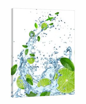 Fresh limes with water splash on white.