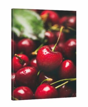 Fresh sweet cherry texture, wallpaper and background. Wet sweet cherries, selective focus, close-up. Summer food or local market produce concept
