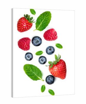 Various fresh forest berries isolated on white background, top view. Berry border frame. Flat lay.