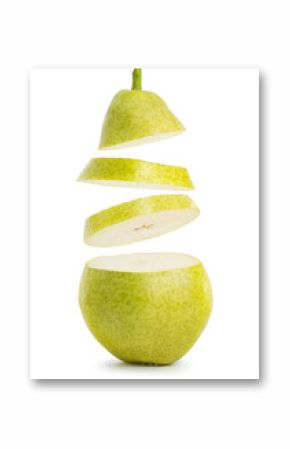 flying slices of pear isolated on white background