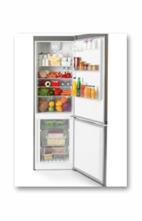 Open refrigerator with many different products on white background