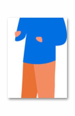 Showing peach figure wearing blue top and orange trousers in flat design on transparent background
