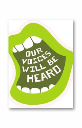 Showing stylized open mouth graphic in lime green with curved slogan text, transparent background
