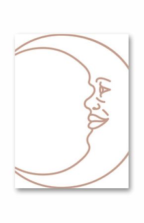 Stylized crescent moon face is appearing in flat art with peach single-line, transparent background