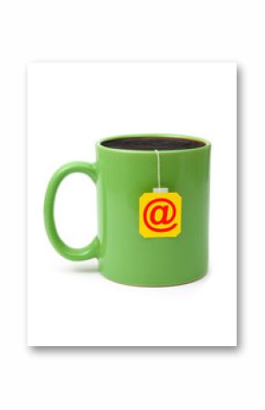 Cup of tea with e-mail symbol isolated on white background