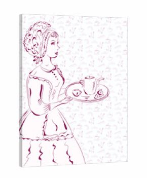 Vintage waitress sketch with coffee pattern
