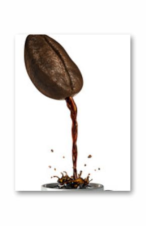 Huge coffee bean with hole pouring coffee into a mug splashing.