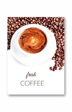 Coffee cup and saucer with  roasted coffee beans isolated on a w