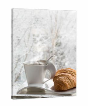 Hot Coffee cup  on a frosty winter day window background