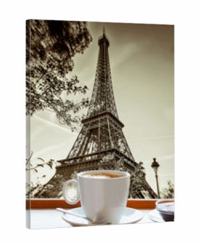 Eiffel Tower with cup of coffee in art style, Paris, France