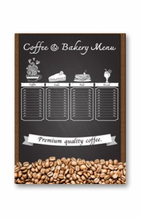 Coffee menu with coffee beans on chalkboard.