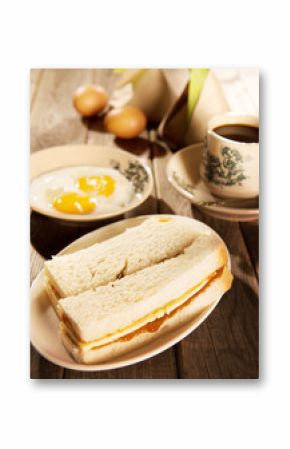 Traditional Malaysian breakfast kaya butter toast and coffee