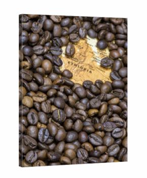 Map of Ethiopia under a background of coffee beans