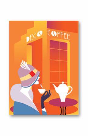 Retro art deco woman sitting at an street cafe. Woman drinking coffee. On the table hot coffee maker. Lettering signboard Deco Coffee Vector illustration. EPS 10