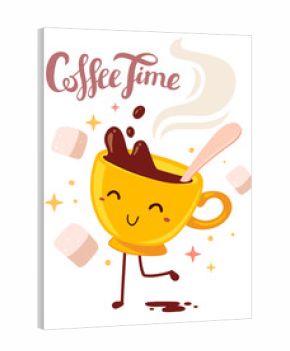 Vector illustration of yellow smile girl character dancing cup o