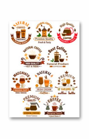 Coffee sorts emblems set for cafe, restuarant