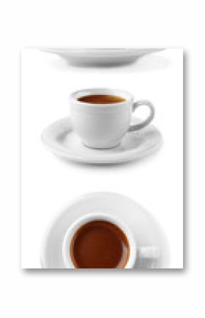 Collage of cups with tasty coffee on white background