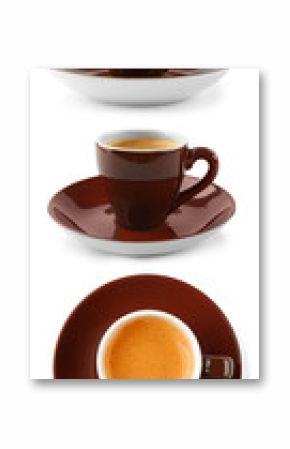 Collage of cups with tasty coffee on white background