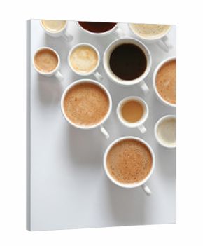 Cups of coffee on white background, top view