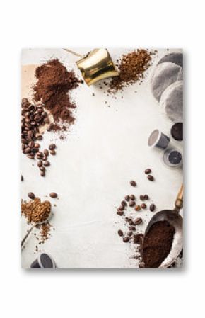 Background with assorted coffee, coffee beans, ground and instant, pads and capsules, retro style toned, copy space, top view.