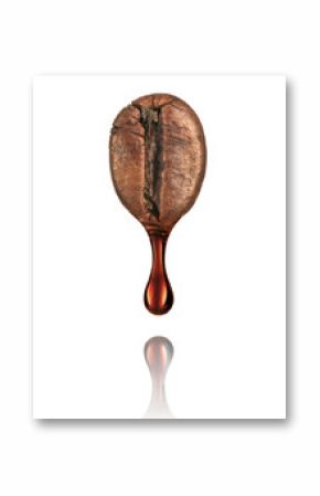 Drop of coffee dripping from coffee seed isolated on white backg