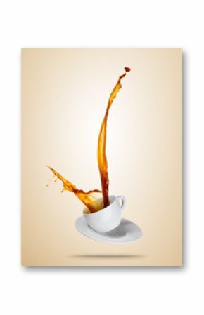 Porcelaine white cup with splashing coffee or tea liquid separated on brown background.