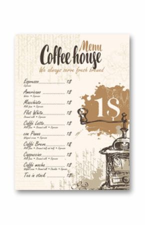 vector menu with price list, coffee grinder and inscriptions coffee house on the background of manuscript with splashes and stains in retro style