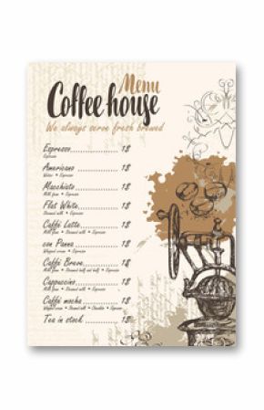 vector menu with price list, old coffee mill and inscriptions coffee house on the background of manuscript with splashes and stains in retro style