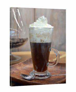 Delicious Hot Viennese Coffee On Glass Cup With Whipped Cream.