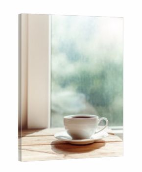cup of coffee on old wooden desk. Simple workspace or coffee break in morning/ selective focus