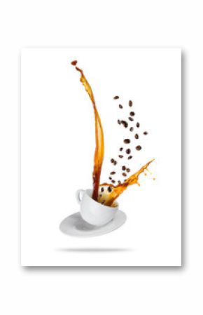 Splashing coffee drink from the cup, isolated on white background
