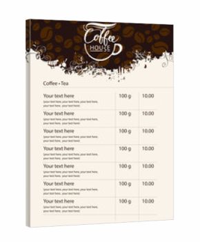 Vector menu price list for coffee house with cup of coffee on abstract background with coffee beans pattern