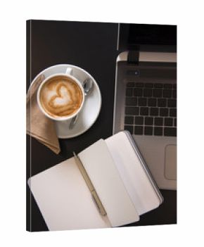 Working at a cafe with latte art cappuccino.  Business meeting. Top view shot.