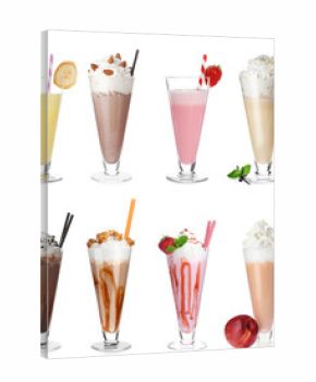 Set with different delicious milk shakes on white background