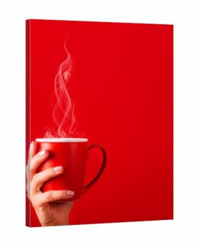 Woman with a cup of fragrant coffee in her hands on a cool day. Black warm coffee in cold weather.Coffee on a red background for your design. Advertising coffee.