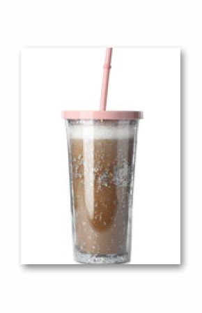Glitter coffee tumbler with straw isolated on white
