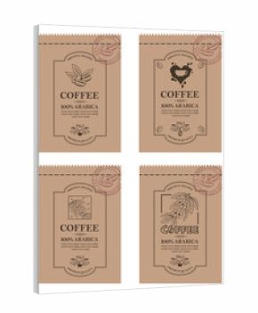 collection of coffee packaging with branch, beans and cup