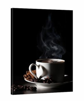 Coffee love. Warm cup of coffee on black background