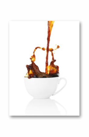 Pour coffee into cup, isolated on white