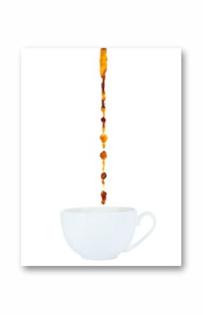 Pour coffee into cup, isolated on white