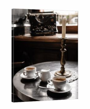 two coffee cups on table in cafe