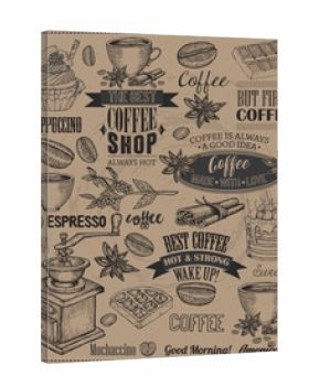 Set Of Vintage Retro Coffee Labels On Chalkboard . Dessert cake, cupcake, chocolate decoration collection of calligraphic and typographic element styled design, frame, objects. Vector