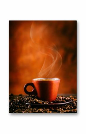 Coffee. Cup of black coffee and spilled coffee beans. Coffee break.